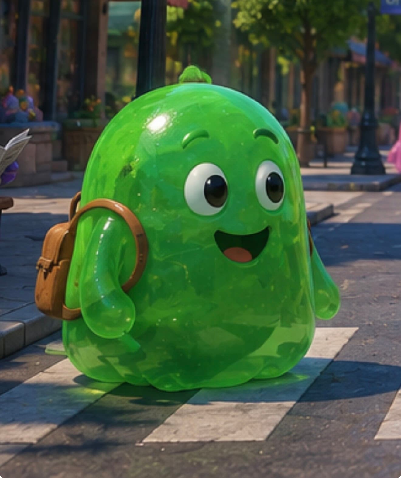 Goo smiling on a sunny street in Slime City