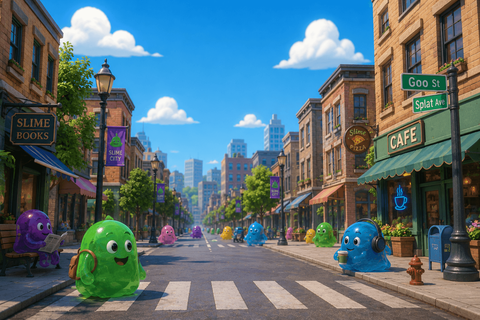 Goo and colorful slime friends going about their day on a sunny Slime City street