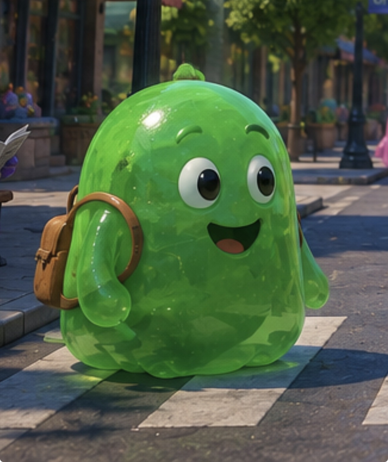 Goo smiling on a sunny street in Slime City