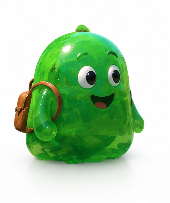 Goo wearing a small brown backpack