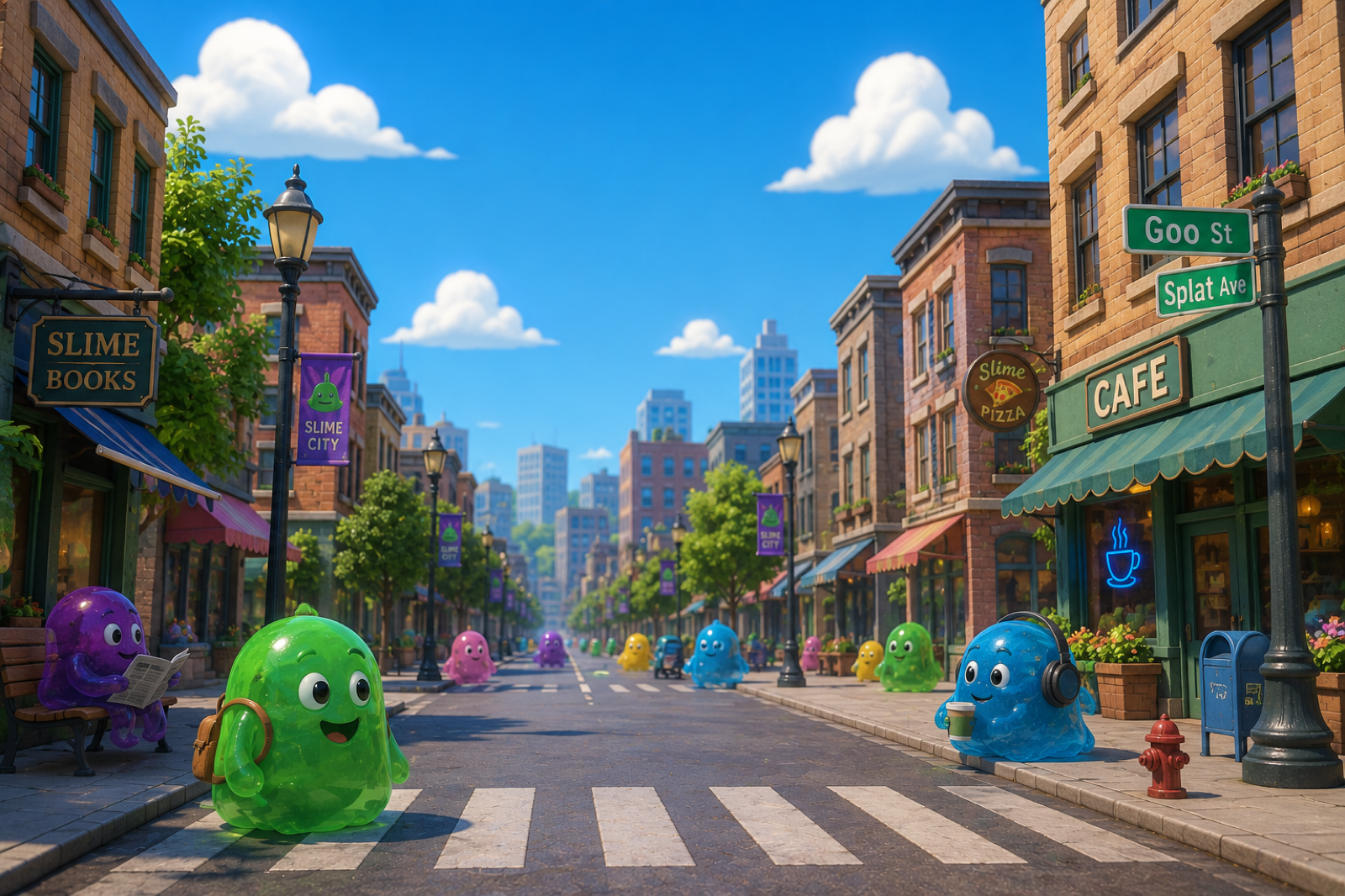 Goo and colorful slime friends going about their day on a sunny Slime City street